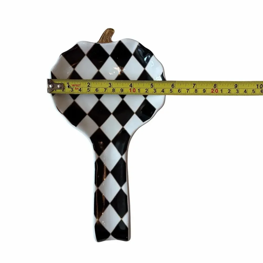 Black & White Harlequin Pumpkin Spoon Rest 10in Ceramic Checkered Halloween NEW